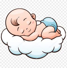 a baby sleeping on top of a cloud with its head resting on it's back