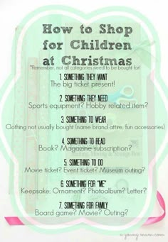 a poster with instructions on how to shop for children at christmas time, including text