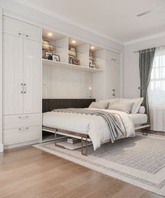 a bedroom with a bed, bookcases and a rug on the wooden floor