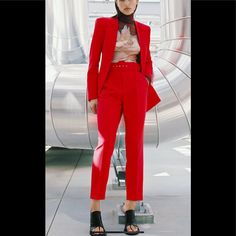 Zara Pants With Fabric-Covered- Belt Beautiful Red Color Elegant Fitted Red Dress Pants, Red Pantsuit With Trousers For Formal Occasions, Chic Red Suits For Fall, Red Fitted Dress Pants For Fall, Elegant Red Pantsuit With Straight Pants, Fitted Red Dress Pants For Fall, Red Elegant Pantsuit, Tailored Red Pants With Pockets, Red Office Pantsuit With Pockets