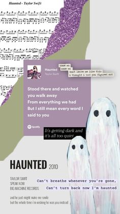 two ghost like figures are in front of sheet music with words written on them,