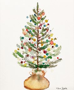 a watercolor painting of a small christmas tree