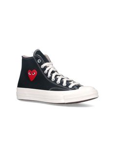 Comme des Garçons Play High Top Converse Chuck 70 sneakers in black cotton with round toe with contrasting white rubber detail, laces, red heart print on the side, and rubber sole. composition: 100% cotton Black Embroidered Logo Lace-up Sneakers, Black Lace-up Sneakers With Embroidered Logo, Sporty Canvas Shoes With Embroidered Logo, Cotton High-top Sneakers With Embroidered Logo, Lace-up High-top Sneakers With Embroidered Logo, Black Canvas Sneakers With Embroidered Logo, Black Sporty High-top Sneakers With Embroidered Logo, Black High-top Sneakers With Embroidered Logo, Canvas Sneakers With Red Sole And Round Toe