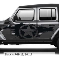 a black and white jeep with a star on it's side window decal