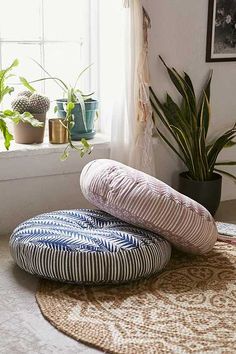 two round pillows sitting on top of a rug in front of a potted plant