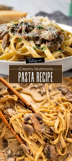 creamy mushroom pasta recipe in a white bowl with chopsticks