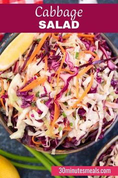 cabbage salad in a bowl with lemons and celery on the side for garnish