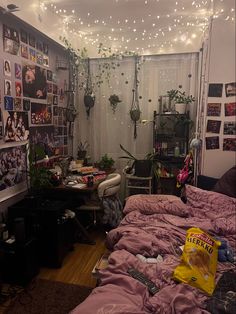 a dorm room with lots of plants and pictures on the wall above the bedspread