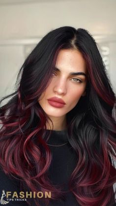 Vampy Hair, Halo Hair Colors, Burgundy Hair Color Ideas, Haircuts Trending, Red Hair With Highlights, Red Ombre Hair, Trending Hair, Textured Layers, Black Hair Dye