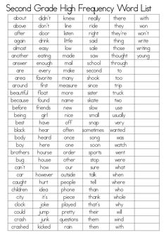 the second grade high frequency word list is shown in black and white, with an image of