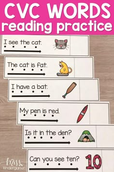 three cvc words reading practice sheets with the text, i see the cat