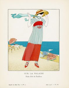 an illustration of a woman standing on the beach wearing a hat and dress with stripes