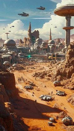 a sci - fi desert scene with many vehicles in the foreground and other distant structures