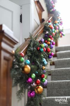 christmas decorations on the banisters and stairs