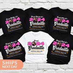 If you're looking for a thoughtful and practical gift, our apparel is sure to be appreciated by anyone who receives it. These graduation family tshirts are handmade to order on an ultra-soft shirt that will quickly become your go-to apparel item! Our trendy matching graduation tees are made with eco-friendly water-based ink that feels good and lasts longer! You will never want to take it off! ♥Sizing info♥ *Unisex sizing. *Order your true size for a more fitted feel. Size up for a slouchier look ♥Care Instructions♥ *Wash on cold *Hang dry or tumble dry on low heat *Non-chlorine bleach only *Do not iron directly on the design ♥Shipping♥ 🚚Every order (no matter how large) ships same or next business day! We want you to receive your garment as quickly as you can so you can start enjoying it! Graduation Custom Print Short Sleeve T-shirt, Cotton Graduation T-shirt, Black Letter Print T-shirt For Graduation, Black T-shirt With Letter Print For Graduation, Cotton T-shirt With Custom Print For Graduation, Cotton T-shirt For Graduation, Cotton Crew Neck T-shirt For Graduation, Graduation Cotton T-shirt With Letter Print, Black Pre-shrunk T-shirt For Graduation Gift