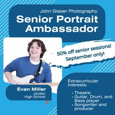 an advertisement for the senior portrait ambassador, featuring a young man with a guitar and speech bubbles