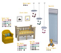 the baby's room is decorated in yellow and blue colors, including a teddy bear