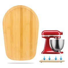 a red mixer and wooden cutting board with blue arrows pointing up at the attachments