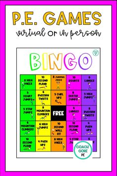 a colorful poster with the words,'p e games virtual or unpresion bingo '