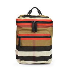 Burberry backpack in tan, red, white and black novacheck printed canvas with black leather trim. Features a large front pocket with black zip hardware, a mesh quilted back panel, a small leather top handle, and adjustable canvas shoulder straps. The bag has a top-zip opening revealing black canvas inner lining with a large storage pocket. Brand = Burberry Condition = 7.5/10, Very good. Some wear to straps, light scuff in leather trim. Material = Canvas, leather, mesh Hardware = Black Dimensions = 15" x 11" x 4.25" Strap Drop = 16" Top Handle = 3" SKU = 22709-1716 Burberry Backpack, Printed Canvas, Large Storage, Black Canvas, Canvas Leather, Leather Top