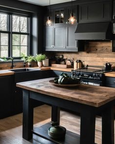 a kitchen with black cabinets and an island in front of the stove top, surrounded by potted plants