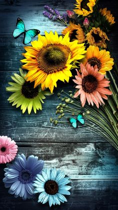 sunflowers, daisies and butterflies on a wooden table