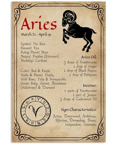 an aris zodiac sign on parchment paper with the date and astrological signs below it