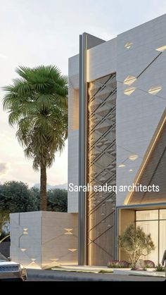 an artist's rendering of the exterior of a building with palm trees in front