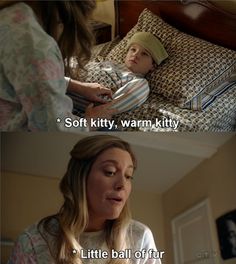 a woman is sitting in bed with a child and the caption says soft kitty, warm kitty little ball off fur