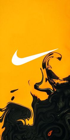 an orange and black painting with a white nike logo