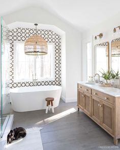 a dog laying on the floor next to a bathtub in a bathroom with two sinks and mirrors