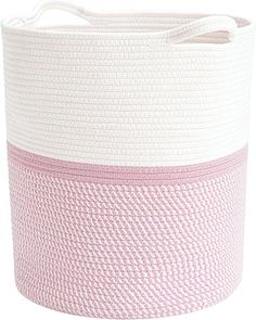 a large pink and white basket with handles