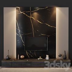 an elegant living room with black marble walls and white columns on the wall, along with a flat screen tv