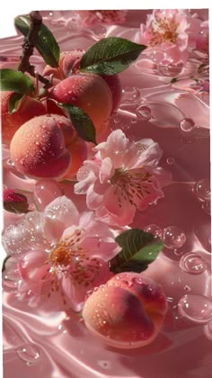 peaches and flowers are floating in the water