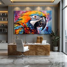 an office with a painting of a colorful parrot on the wall and a computer desk