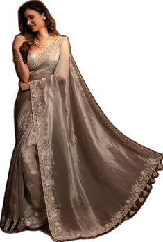 Designer Silver Saree With Resham Embroidery, Silver Saree With Resham Embroidery For Eid, Silver Embroidered Saree Traditional Wear, Gray Saree With Zari Work For Wedding, Gray Saree With Dupatta For Wedding, Gray Wedding Saree With Dupatta, Embroidered Silver Saree For Traditional Wear, Embroidered Silver Saree, Elegant Silver Tissue Silk Blouse Piece