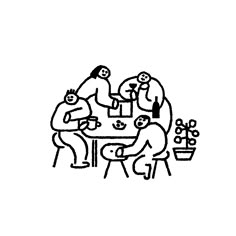 a drawing of people sitting at a table