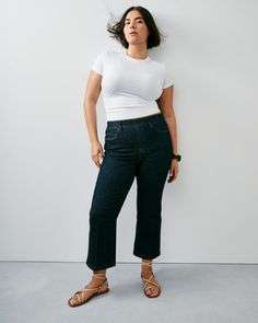 Crafted from premium, 4-way stretch denim designed to hug your curves, our jeans are engineered with built-in targeted SPANX TummyTamer Tech™ that shapes your waist. Plus, a kick flare style elongates the leg and celebrates your figure. All you have to do is pull these on: no zippers, no buttons, no hip pockets (so no bulk!). This is denim done right. | Spanx Women's SPANXshape EveryWear Kick Flare Jeans, Raw Indigo Dress Up Jeans, Kick Flare Jeans, Flattering Jeans, Stretch Denim Fabric, Kick Flares, Best Black, Denim Design, Plus Size Jeans, Winter Looks