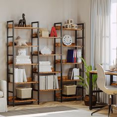 a living room filled with lots of furniture and bookshelves next to a window