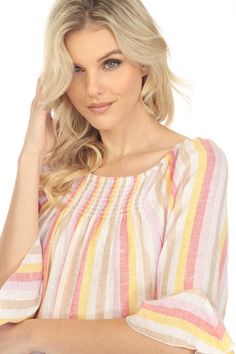 Women's Casual Resort Wear Off-Shoulder Stripe Linen Print 3/4 Flared Sleeve Blouse Fit and Care: Machine wash cold with like colors on delicate cycle. Use only non-chlorine bleach if needed. Line dry and warm iron. May dry-clean. Machine Washable Lightweight, soft linen blend fabric, comfortable, breathable Flowy comfortable fit Imported Fabric Content: 55% Linen 45% Rayon. SKU: MW-2290 Havana Nights Dress, Casual Resort Wear, Clean Machine, White Party, Striped Linen, Linen Clothes, Women's Casual, Resort Wear, Night Dress