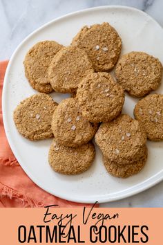 easy vegan oatmeal cookies on a white plate with text overlay