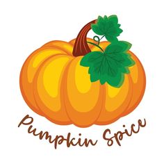 a pumpkin with leaves on it and the words pumpkin spice written in brown ink, against a white background