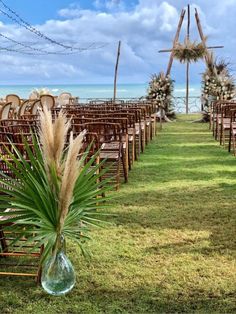 an outdoor ceremony setup with chairs and palm trees in the foreground, overlooking the ocean