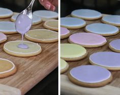 two pictures side by side one shows cookies and the other shows icing being poured onto them