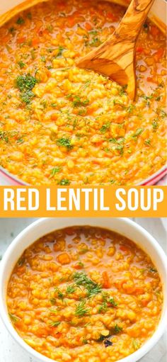 red lentil soup in a white bowl with a wooden spoon on top and the same image