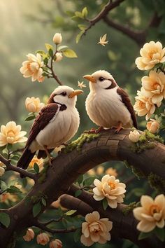 two birds sitting on top of a tree branch with yellow flowers in front of them