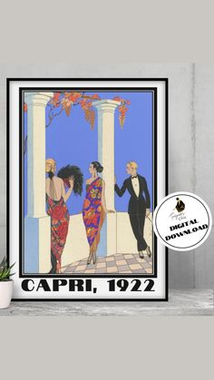 an art deco poster featuring two women and a man in tuxedos, with the caption capri, 1932