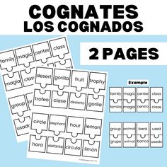 two page worksheet with the words cognates los gondados in spanish