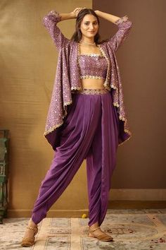 Shop for Moledro Purple Geet Crepe Dhoti Pant Set for Women Online at Aza Fashions Dhoti Set For Women, Coord Set With Dhoti, Pants Hem Detail, Indian Dhoti Dress For Women, Dhoti Sets For Women, Dhoti Designs For Women, Dhoti Pattern Dress For Women, Latest Ethnic Dresses Indian, Dhoti Pants Women