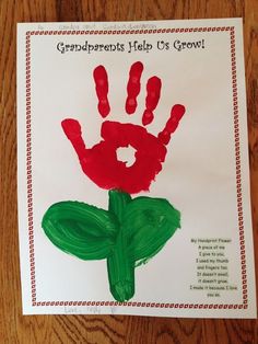 a handprint with the words grandparents help us grow on it and a red flower